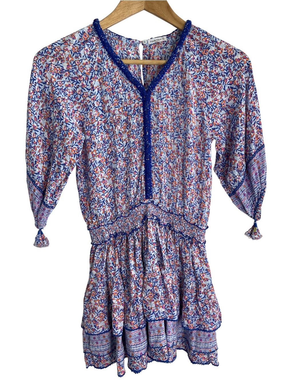 Poupette St. Barth Blue and Coral Floral Smocked Waist Mini Dress Size 12